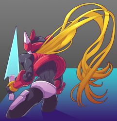  1boy armor blonde_hair commentary_request cowboy_shot energy_sword from_behind g_nm_k grey_background helmet korean_commentary long_hair male_focus mega_man_(series) mega_man_zero_(series) red_armor red_helmet simple_background solo sword weapon zero(z)_(mega_man) zero_(mega_man) 