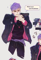  2boys aiming alternate_costume anger_vein belt black_coat black_pants black_shirt caine_(the_amazing_digital_circus) clenched_teeth coat colored_teeth cropped earrings english_text eye_in_mouth feet_out_of_frame grey_background gun hat highres holding holding_gun holding_weapon humanization jax_(the_amazing_digital_circus) jewelry long_sleeves mini_person miniboy multiple_boys multiple_views narrow_waist open_mouth pants parted_lips pink_suit purple_belt purple_hair rabbit_earrings rabbit_necklace red_tailcoat shirt short_hair simple_background solo_focus speech_bubble suit talking teeth the_amazing_digital_circus top_hat weapon xiaowu_nora yellow_eyes yellow_teeth 