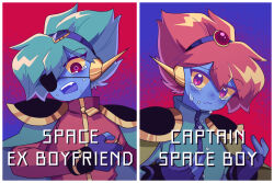  2boys blue_gloves cape captain_spaceboy closed_mouth colored_sclera commentary_request crying crying_with_eyes_open english_text eyepatch fang gloves green_cape green_hair long_sleeves looking_at_viewer multiple_boys official_alternate_hair_color omori open_mouth pink_eyes pink_hair red_eyes short_hair tears teeth upper_teeth_only yellow_sclera zabalam_inana 