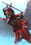  1girl aqua_background armor belt_boots blue_eyes boots brown_footwear brown_gloves brown_hair dated earrings feathered_wings gloves jewelry kio_naoki large_wings looking_at_viewer medium_hair original red_skirt signature skirt sky solo stud_earrings sword weapon white_wings wings 