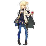  1girl alternate_costume argyle argyle_legwear asymmetrical_hair bangs black_footwear blonde_hair blue_legwear blue_skirt blush boots box braid cardigan closed_mouth eyebrows_visible_through_hair full_body girls_frontline green_eyes gun heart-shaped_box holding holster looking_at_viewer official_art open_cardigan open_clothes pantyhose pout short_hair side_ponytail skirt sleeves_past_wrists solo striped striped_skirt thigh_holster transparent_background ushi_(newrein) weapon welrod_mk2_(girls_frontline) 