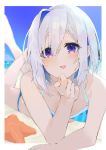  1girl alternate_costume amane_kanata beach bikini blue_bikini blue_hair blue_sky blurry blush breasts chin_rest commentary day depth_of_field eyebrows_visible_through_hair eyelashes hair_between_eyes hand_on_own_chin highres hinata_(hinata-ur) hololive looking_at_viewer lying multicolored_hair on_stomach open_mouth outdoors short_hair silver_hair sky small_breasts smile solo starfish streaked_hair swimsuit two-tone_hair violet_eyes virtual_youtuber 