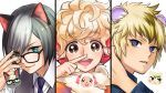  3boys adjusting_eyewear animal_ears blonde_hair blue_eyes brown_eyes cat_ears chachamaru_(doubutsu_no_mori) doubutsu_no_mori eyebrows_visible_through_hair glasses green_eyes heterochromia highres horns jack_(doubutsu_no_mori) jun_(doubutsu_no_mori) male_focus messy_hair multiple_boys personification silver_hair yellow_eyes yurik0 