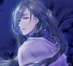  1boy artist_name black_hair brown_eyes heterochromia highres long_hair looking_at_viewer male_focus nichaokeai night night_sky nikkari_aoe outdoors ponytail red_eyes sky solo touken_ranbu upper_body 