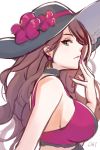  1girl absurdres breasts brown_hair da-cart dorothea_arnault earrings fire_emblem fire_emblem:_three_houses fire_emblem_heroes flower from_side green_eyes hat hat_flower highres jewelry long_hair nail_polish sideboob simple_background solo swimsuit upper_body white_background 