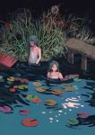  2girls clea dress expressionless grass lily_pad long_hair multiple_girls original outdoors partially_submerged reflection short_hair sign wheel white_dress 