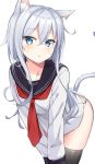  1girl animal_ears black_legwear black_sailor_collar blue_eyes blush cat_ears cat_tail collarbone cowboy_shot eyebrows_visible_through_hair hair_between_eyes hibiki_(kantai_collection) highres kantai_collection kohakope long_hair long_sleeves neckerchief no_pants red_neckwear sailor_collar school_uniform serafuku silver_hair simple_background solo tail thigh-highs white_background 