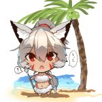  1girl animal_ear_fluff animal_ears bangs bare_arms bare_shoulders beach blush chibi commentary_request dark_skin day eyebrows_visible_through_hair facial_mark fish fox_ears fox_girl fox_tail full_body grey_hair hair_between_eyes high_ponytail highres holding looking_at_viewer navel open_mouth original outdoors polearm ponytail red_eyes sand solo spear standing tail water weapon white_background yuuji_(yukimimi) 