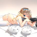  1girl absurdres aiming alternate_costume bangs bare_arms bare_shoulders bikini bikini_day blonde_hair blue_eyes blue_hairband blush breasts bunny_hair_ornament cat closed_mouth commentary_request eyebrows_visible_through_hair frilled_bikini frills girls_frontline groin gun hair_between_eyes hair_ornament hairband highres holding holding_gun holding_weapon legs_together long_hair lying medium_breasts navel on_side one_eye_closed rabbit shadow simple_background snowflake_hair_ornament solo stomach submachine_gun suomi_kp/-31 suomi_kp31_(girls_frontline) sweat swimsuit tandohark thigh-highs thighs water_drop weapon wet white_bikini white_legwear 