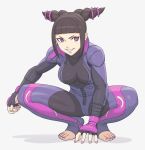  1girl black_hair bodysuit breasts fingerless_gloves gloves grin han_juri looking_at_viewer medium_breasts noppo_(tarstation) smile solo squatting street_fighter street_fighter_v teeth toeless_legwear violet_eyes 