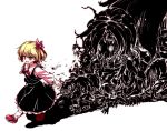  1girl black_skirt black_vest blonde_hair blush commentary_request darkness full_body hair_ribbon isu_(is88) long_sleeves monster open_mouth outstretched_arms red_eyes red_footwear red_neckwear red_ribbon ribbon rumia shadow shirt shoes short_hair simple_background skirt smile socks touhou vest walking white_background white_legwear white_shirt 