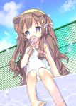  1girl absurdres animal_ears azur_lane barefoot blue_eyes braid brown_hair candy chain-link_fence child clouds commentary_request crescent crescent_hair_ornament dog_ears eating fence food fumizuki_(azur_lane) hair_ornament hairclip hat highres legs lollipop long_hair one-piece_swimsuit outdoors pinky_out poolside ribbon school_hat school_swimsuit sitting sky solo swimsuit toes very_long_hair water white_school_swimsuit white_swimsuit yellow_headwear yuru_(xxyuruxx) 