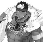  1boy abs bara beard brown_hair chest dark_skin dark_skinned_male earrings facial_hair greyscale headband highres jewelry male_focus monochrome multicolored_hair muscle necklace nipples pectorals pointy_ears sky_(sora_no_gomibako) snake solo spiky_hair tangaroa tattoo tokyo_houkago_summoners tooth_necklace upper_body white_background white_hair 