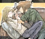  1boy 1girl 203wolves blonde_hair blue_pants brown_eyes brown_hair casual couch couple eye_contact from_side green_jacket grey_pants grey_shirt holding indoors jacket long_hair long_sleeves looking_at_another multicolored_hair open_clothes open_jacket pants pillow shiny shiny_hair shirt short_over_long_sleeves short_sleeves spiky_hair straight_hair sweater tenjouin_asuka traditional_media two-tone_hair white_sweater wrist_grab yuu-gi-ou yuu-gi-ou_gx yuuki_juudai 