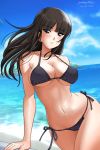  1girl beach bikini black_eyes black_hair black_swimsuit blue_sky breasts clouds commentary_request dated day girls_und_panzer highres horizon island large_breasts long_hair looking_at_viewer matsui_yasutsugu mature nishizumi_shiho ocean outdoors side-tie_bikini sky solo swimsuit twitter_username 