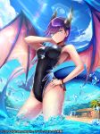  1girl absurdres asymmetry bangs blue_eyes breasts character_request competition_swimsuit copyright_request covered_navel dragon_girl dragon_horns dragon_tail dragon_wings highres horns looking_at_viewer medium_breasts ocean one-piece_swimsuit purple_hair sawarido short_hair solo summer swimsuit tail whistle whistle_around_neck wings 