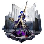  1girl alternate_costume arknights bangs black_gloves blue_eyes blue_hair breasts dress gloves hair_between_eyes halo highres holding holding_staff huanxiang_heitu long_hair looking_at_viewer mostima_(arknights) official_art short_sleeves small_breasts staff stairs standing transparent_background white_dress 