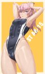  1girl abs absurdres armpits blue_swimsuit blush breasts chiyo_goya competition_swimsuit eye_contact eyebrows_visible_through_hair eyewear_on_head girls_frontline glasses hands_on_head highleg highleg_swimsuit highres long_hair looking_at_another looking_at_viewer narrow_waist navel one-piece_swimsuit pink_hair small_breasts solo st_ar-15_(girls_frontline) stomach swimsuit thighs violet_eyes white_text yellow_background 