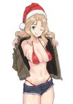  1girl bikini blonde_hair blue_eyes blue_shorts blush breasts collarbone girls_und_panzer grin hat highres kay_(girls_und_panzer) large_breasts long_hair looking_at_viewer one_eye_closed parted_lips red_bikini santa_hat shiny shiny_hair short_shorts shorts simple_background skindentation smile solo standing swimsuit teeth white_background yamano_rita 