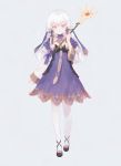  1girl closed_mouth dress eotyq58d6do16cs fire_emblem fire_emblem:_three_houses full_body hair_ornament holding holding_staff long_hair long_sleeves lysithea_von_ordelia pink_eyes simple_background solo staff white_hair white_legwear 