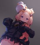  1girl abigail_williams_(fate/grand_order) artist_request balloon bandaid bandaid_on_forehead bangs black_bow black_jacket blonde_hair blue_eyes bow breasts closed_mouth crossed_bandaids fate/grand_order fate_(series) forehead from_below gradient gradient_background grey_background hair_bow hair_bun heroic_spirit_traveling_outfit high_collar jacket long_hair long_sleeves looking_at_viewer multiple_bows orange_belt orange_bow parted_bangs polka_dot polka_dot_bow sleeves_past_fingers sleeves_past_wrists small_breasts stuffed_animal stuffed_toy teddy_bear 