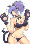  1girl animal_costume animal_ears bikini blue_eyes blue_hair breasts cat_costume cat_ears cat_paws cat_tail gloves highres leona_heidern long_hair murotarou2000 paw_shoes paws ponytail shoes snk_heroines:_tag_team_frenzy solo swimsuit tail the_king_of_fighters 