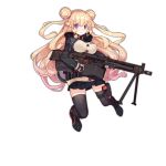  1girl :o bangs bipod black_footwear black_legwear black_panties blonde_hair blush breasts brown_gloves clothes_writing covered_nipples double_bun eyebrows_visible_through_hair full_body girls_frontline gloves gun hair_between_eyes hk23_(girls_frontline) holding holding_gun holding_weapon holster jacket large_breasts long_hair long_sleeves looking_at_viewer machine_gun midair miniskirt official_art panties parted_lips pleated_skirt rain_lan shiny shiny_hair skirt sleeves_past_wrists solo tareme thigh-highs thigh_holster transparent_background underwear very_long_hair violet_eyes weapon zettai_ryouiki 