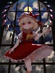  1girl arm_at_side arm_up bangs blonde_hair clouds commentary cravat cropped_legs fingernails flandre_scarlet from_below full_moon hat hat_ribbon head_tilt highres indoors kayon_(touzoku) looking_at_viewer mob_cap moon night one_side_up open_hand petticoat puffy_short_sleeves puffy_sleeves red_eyes red_nails red_skirt red_vest ribbon shirt short_hair short_sleeves skirt smile solo standing touhou vest white_headwear white_shirt window wings yellow_neckwear 