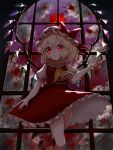  1girl arm_at_side arm_up bangs blonde_hair blood blood_on_face blood_splatter bloody_hands clouds cravat cropped_legs fingernails flandre_scarlet from_below full_moon glowing glowing_eyes hat hat_ribbon head_tilt highres indoors kayon_(touzoku) looking_at_viewer mob_cap moon night one_side_up open_hand petticoat puffy_short_sleeves puffy_sleeves red_eyes red_moon red_nails red_skirt red_vest ribbon shirt short_hair short_sleeves skirt slit_pupils smile solo standing touhou vest white_headwear white_shirt window wings yellow_neckwear 