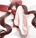  1girl absurdres armpits barefoot blanket blush brown_eyes brown_hair china_dress chinese_clothes dress girls_frontline hair_ornament hair_ribbon highres leg_up long_hair looking_at_viewer no_shoes qbz-97_(girls_frontline) red_dress ribbon seorang simple_background single_thighhigh soles solo thigh-highs white_legwear 