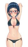  1girl aimobake armpits arms_behind_head arms_up bangs bikini black_bikini black_eyes blue_hair blunt_bangs blush breasts collarbone commentary cowboy_shot glasses highres idolmaster idolmaster_cinderella_girls looking_at_viewer medium_breasts navel okazaki_yasuha parted_lips red-framed_eyewear short_hair side-tie_bikini simple_background skindentation solo standing string_bikini swimsuit white_background 