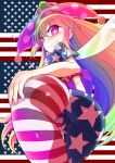  1girl american_flag american_flag_dress american_flag_legwear ass blonde_hair blue_hair blush breasts bright_pupils closed_mouth clownpiece fairy_wings from_behind green_hair hat highres jester_cap long_hair looking_at_viewer multicolored_hair pantyhose pink_eyes polka_dot purple_headwear short_sleeves small_breasts smile solo star_(symbol) star_print striped touhou very_long_hair wings yassy 