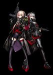  2girls absurdres arknights assault_rifle black_background creator_connection demon_horns girls_frontline gloves gun headset highres horns kuroinu9 m4_sopmod_ii m4_sopmod_ii_(girls_frontline) mod3_(girls_frontline) multiple_girls pantyhose pink_hair rifle ro635_(dinergate) scarf shoes silver_hair thigh-highs w_(arknights) weapon 