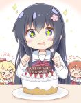  &gt;3&lt; &gt;_&lt; +_+ 3girls birthday birthday_cake black_hair blonde_hair blue_dress blue_eyes blush bow brown_hair cake character_name child clenched_hand closed_eyes commentary_request dress drooling english_text esureki eyebrows_visible_through_hair fang food fork hair_bow happy_birthday higero_(wataten) highres himesaka_noa holding holding_fork hoshino_hinata long_hair multiple_girls neckerchief open_mouth plate red_bow red_neckwear sailor_collar sailor_dress saliva school_uniform shirosaki_hana skin_fang sparkle upper_body watashi_ni_tenshi_ga_maiorita! white_sailor_collar 