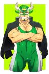  1boy bara bulge chest covered_abs crossed_arms ezaki_papiko facial_hair goat green_eyes highres horned_mask jacket jacket_on_shoulders looking_at_viewer male_focus muscle pectorals simple_background smile solo taurus_mask thighs tokyo_houkago_summoners upper_body wrestling_outfit 