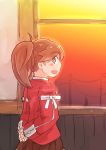  1girl alternate_hairstyle arms_behind_back blush_stickers brown_hair cowboy_shot enjaku_izuku fang highres kantai_collection ponytail ryuujou_(kantai_collection) sketch smile solo sunset window 