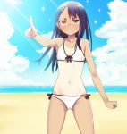  1girl bangs bikini black_hair breasts brown_eyes clenched_hand clouds commentary english_commentary gazing_eye hair_ornament hairclip ijiranaide_nagatoro-san long_hair nagatoro_hayase navel no_pupils outdoors pointing sand shore sky small_breasts solo sparkle sweat swimsuit tan tanline water white_bikini 