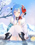  1girl absurdres ahoge arrow_(projectile) azur_lane bangs bare_tree black_footwear blue_hair blush commentary eyebrows_visible_through_hair flower full_body fur-trimmed_kimono fur_trim hair_between_eyes hair_flower hair_ornament hamaya helena_(azur_lane) helena_(the_blue_bird&#039;s_new_year)_(azur_lane) highres holding_hamaya japanese_clothes kimono knees_together_feet_apart long_hair long_sleeves looking_at_viewer manjuu_(azur_lane) mountain multicolored multicolored_clothes multicolored_kimono one_eye_closed open_mouth panties pantyshot red_flower short_kimono sidelocks sitting snow snowing solo_focus splashing thigh-highs tree underwear vayneeeee very_long_hair violet_eyes wading water white_legwear white_panties wide_sleeves 