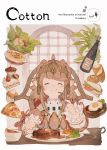  1girl blush bottle brown_hair check_copyright closed_eyes commentary_request copyright_request cupcake eating egg food fork highres junwool knife lettuce long_hair original pizza pointy_ears sandwich smile solo steak strawberry_shortcake upper_body 