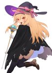  1girl bangs black_cape black_legwear blonde_hair boots brown_footwear cape gloves hairband hat hat_ribbon highres holding holding_staff juz little_witch_nobeta long_hair looking_at_viewer nobeta open_mouth red_eyes ribbon simple_background solo staff thigh-highs white_background white_gloves witch witch_hat 