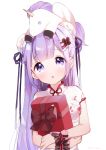  1girl azur_lane bangs black_ribbon blush box breasts bun_cover chestnut_mouth china_dress chinese_clothes commentary_request double_bun dress eyebrows_visible_through_hair gift gift_box hair_ribbon head_tilt looking_at_viewer maeha medium_breasts object_hug on_head parted_lips purple_hair ribbon short_sleeves simple_background solo stuffed_alicorn stuffed_animal stuffed_toy unicorn_(azur_lane) unicorn_(spring&#039;s_present)_(azur_lane) upper_body violet_eyes white_background white_dress wrist_cuffs 