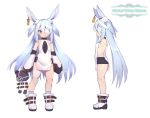  1girl animal_ears bandage_over_one_eye bandaged_leg bandages bike_shorts black_shorts blue_eyes blue_hair blush boots breasts character_sheet copyright_name doll_joints ear_tag elbow_gloves full_body gloves highres joints legs linmiu_(smilemiku) little_witch_nobeta long_hair monica_(little_witch_nobeta) official_art open_mouth rabbit_ears short_shorts shorts sideboob simple_background small_breasts socks solo striped_footwear stuffed_animal stuffed_toy tabard teddy_bear thighs two_side_up very_long_hair white_background white_footwear white_gloves white_tabard 