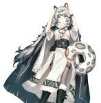  1girl animal_ears arknights bangs belt black_belt black_cape black_footwear boots braid cape commentary dress eyebrows_visible_through_hair feet_out_of_frame fur-trimmed_boots fur_trim grey_eyes grey_legwear hands_up head_chain leopard_ears leopard_tail long_hair looking_at_viewer pouch pramanix_(arknights) seonrang silver_hair simple_background solo standing tail thigh-highs twin_braids very_long_hair watch watch white_background white_dress 