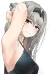  1girl an-94_(girls_frontline) armpits black_dress blue_eyes blush braid breasts dress girls_frontline grey_hair hair_ornament hairband hand_in_hair highres long_hair looking_at_viewer medium_breasts profile solo umber00 white_background 