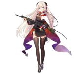  1girl :o alternate_costume bangs battle_rifle black_dress blonde_hair blush breasts brown_footwear brown_legwear cape dress eyebrows_visible_through_hair full_body g3_(girls_frontline) girls_frontline gloves gun h&amp;k_g3 hair_between_eyes head_tilt headset holding holding_gun holding_weapon iron_cross long_hair long_sleeves looking_at_viewer medium_breasts mod3_(girls_frontline) official_art parted_lips partly_fingerless_gloves philomelalilium red_gloves rifle shoes skindentation solo standing striped thigh-highs transparent_background vertical_stripes very_long_hair violet_eyes weapon white_cape 