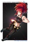  1girl abs black_gloves black_tank_top boots combat_boots earrings gas_can gloves highres jewelry leona_heidern orochi_leona pants ponytail red_eyes redhead snk soldier solo takejun tank_top the_king_of_fighters watermark web_address 