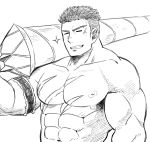  1boy abs armband bara caladbolg chest closed_eyes ezaki_papiko fate/grand_order fate_(series) fergus_mac_roich_(fate/grand_order) greyscale highres looking_at_viewer male_focus monochrome muscle navel nipples pectorals scar sketch smile solo sparkle upper_body 