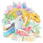  1boy aqua_hair barefoot brown_hair dinosaur leaf original pants patterned_clothing plant print_shirt red_pants runta shirt short_hair short_sleeves sitting solo white_background 