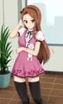  0byte 1girl arm_across_waist black_hairband black_legwear blush breasts brown_eyes brown_hair closed_mouth commentary_request dress eyelashes hairband hand_up highres holding holding_stuffed_animal idolmaster idolmaster_(classic) idolmaster_2 long_hair looking_at_viewer minase_iori pink_dress plant potted_plant short_sleeves smile solo standing stuffed_animal stuffed_bunny stuffed_toy thigh-highs tile_floor tiles 