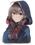  1girl :o ahoge bangs black_capelet braid brown_eyes brown_hair capelet commentary_request cropped_torso eyebrows_visible_through_hair hagioshi hair_between_eyes hair_ribbon highres hood hood_up hooded_capelet kantai_collection long_hair parted_lips red_ribbon ribbon shinshuu_maru_(kancolle) simple_background sketch solo twin_braids white_background 